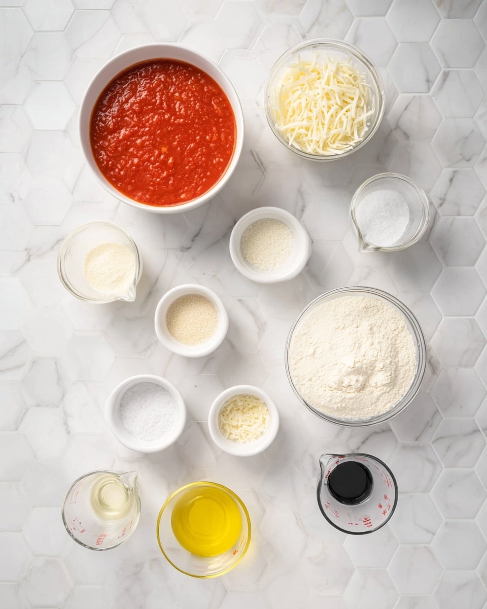 The image shows various ingredients in small white bowls and larger clear measuring cups arranged neatly on a white marbled hexagonal tiled surface. There is one bowl filled with bright red tomato sauce and another with shredded white cheese. Around these, there are smaller white bowls holding different powders and granules like yeast, salt, garlic powder, and a few others arranged in a scattered yet organized way. Two clear measuring cups contain a yellow liquid, likely oil, and water. The arrangement is clean and simple, showing all ingredients separately without mixing photo taken with an iphone --ar 4:5 --v 7