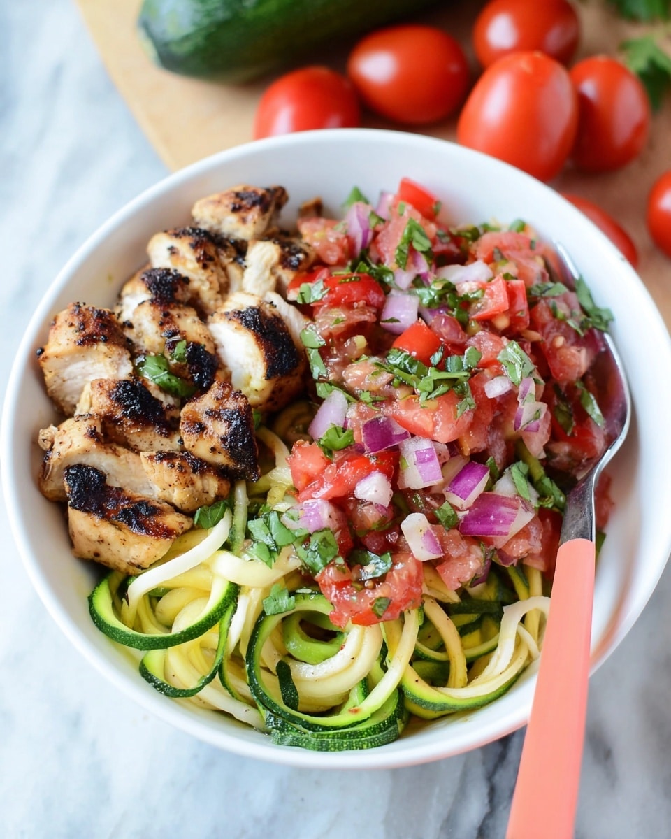 In a white bowl, there is a meal with three main layers. The bottom layer is light green and yellow zucchini noodles with a smooth, spiral shape. On one side, there are grilled chicken pieces that are light brown with dark char marks, stacked together. On top of the chicken and noodles, there is a fresh salsa made of red tomato chunks, purple onion pieces, and small green herb leaves scattered over. In the background, some red grape tomatoes and whole zucchinis are placed on a white marbled surface. A coral-colored fork is placed inside the bowl on the right side. Photo taken with an iphone --ar 4:5 --v 7
