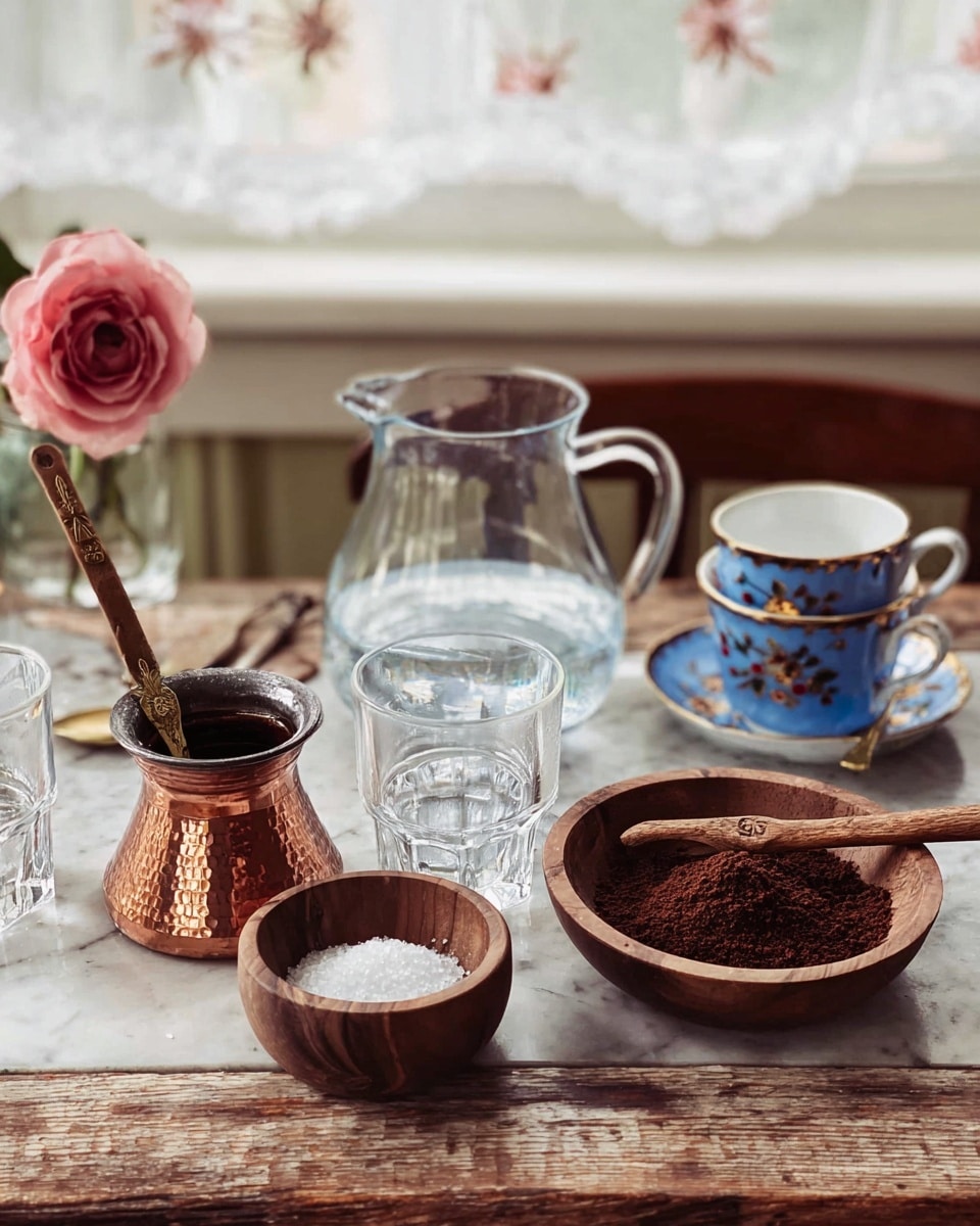 The image shows a rustic wooden table with a copper cezve on the left, holding dark coffee grounds and a wooden stirring stick inside it. In front, there is a small wooden bowl filled with white sugar. Next to it on the right, there is a matching wooden bowl heaped with dark brown ground coffee, with a wooden handle spoon resting on its side. Behind these, a clear glass pitcher filled with water is placed. To the back right, two blue porcelain cups with floral designs and golden rims are stacked on a matching saucer next to two clear water glasses. On the left back corner, there is a single pink rose in a small glass vase. The surface beneath is a white marbled texture and the background shows a soft white window curtain with delicate floral patterns. photo taken with an iphone --ar 4:5 --v 7