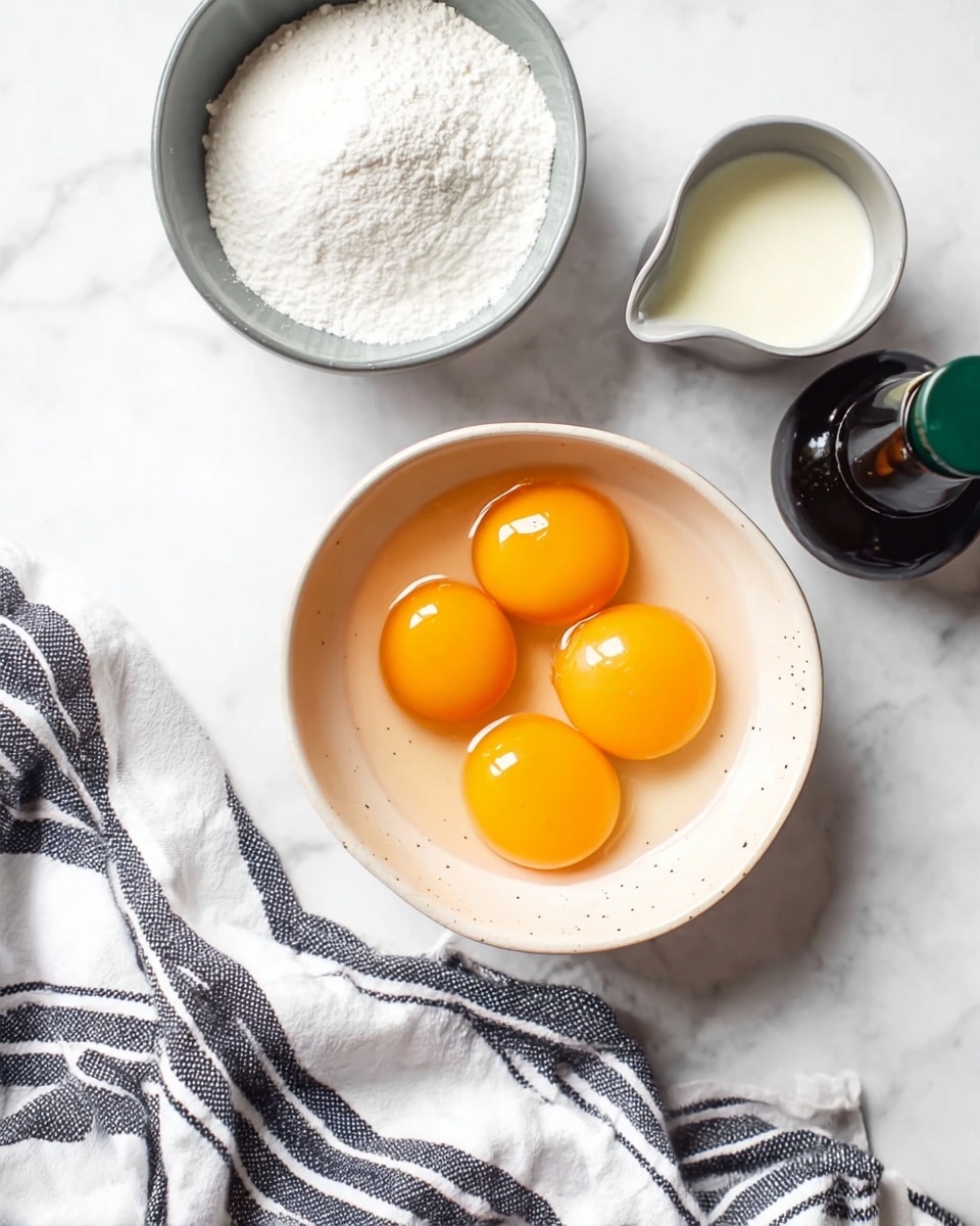 A close-up view of five bright orange egg yolks resting in a white bowl with a smooth texture and tiny specks. To the right of the bowl, there is a small dark bottle with a green cap and next to it is a measuring cup filled with white cream. Below the bowl is a grey bowl full of white powder, likely sugar or flour. A cloth with white, dark blue, and light blue stripes lies on the white marbled surface near the bowls, creating a cozy atmosphere. The whole setup is on a white marbled texture background, brightly lit. photo taken with an iphone --ar 4:5 --v 7