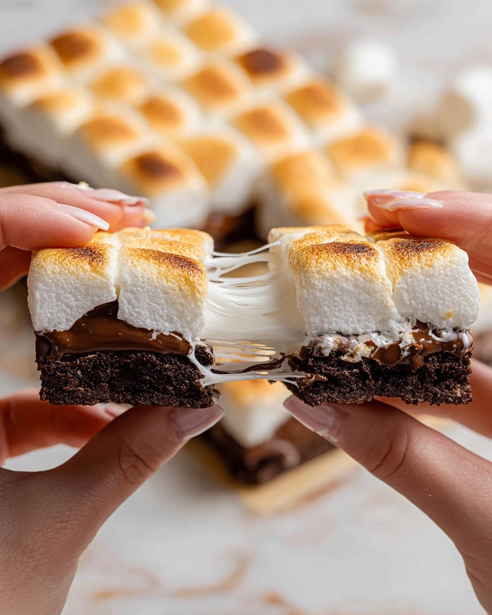 A square dessert with a base layer of dark brown chocolate, topped with a layer of toasted marshmallows that are golden brown and slightly puffy. The dessert is being pulled apart by both woman's hands, showing the white, melted, stretchy marshmallow inside connecting the two pieces. In the blurred background, more squares of the same dessert can be seen on a white marbled surface. photo taken with an iphone --ar 4:5 --v 7