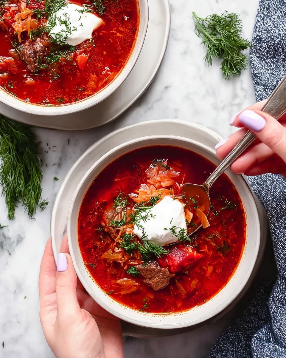 Two white bowls filled with bright red soup with visible chunks of meat, shredded vegetables, and herbs floating inside. Each bowl has a dollop of white cream on top garnished with a small sprig of fresh green dill. One bowl is held by a woman's hand with pale pink nails, and a silver spoon is dipped into the soup. The bowls sit on white plates against a white marbled surface with green dill sprigs and a blue and white cloth nearby. photo taken with an iphone --ar 4:5 --v 7