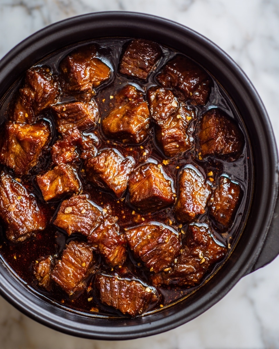 The image shows a black round cooking pot filled with many pieces of cooked meat immersed in dark brown rich sauce. The meat pieces are medium-sized, unevenly spread with visible texture and slight shine from the sauce. The sauce appears thick and glossy, covering the meat mostly but with some small pools of liquid reflecting light. The pot edges are glossy and the background surface is a white marbled texture. photo taken with an iphone --ar 4:5 --v 7