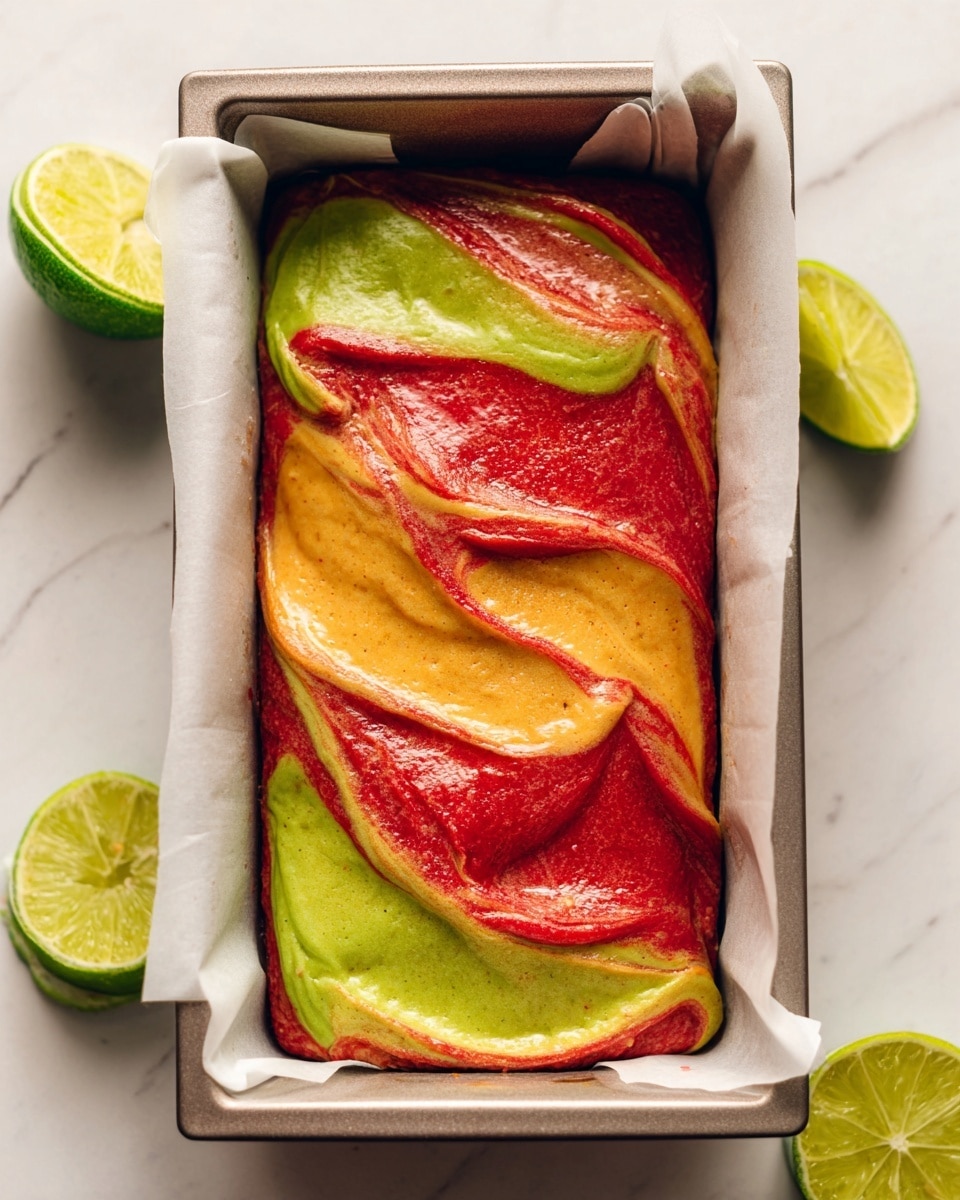 A loaf pan lined with white parchment paper holds a swirled batter with three visible layers. The bottom layer is green with a smooth, slightly shiny texture, the middle layer is a soft yellow, and the top layer is a rich, red hue with a glossy finish. The colors are mixed in broad, flowing swirls that blend slightly into each other, creating a marbled effect inside the pan. The pan is set on a white marbled surface, with lime halves partially visible on the sides. Photo taken with an iphone --ar 4:5 --v 7