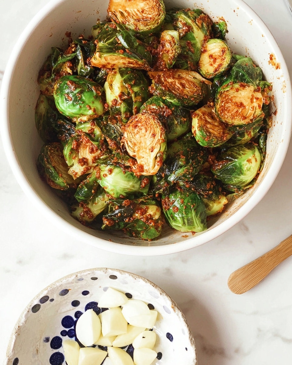 A top view of several small containers and a large bowl arranged on a white marbled surface; the large white speckled bowl is filled with halved green Brussels sprouts showing their pale inner layers; next to it, a small white speckled dish holds layers of red, black, and white spices stacked horizontally; below them, a round wooden bowl is filled with shiny brown pecans; to the right, a white bowl with dark blue spots contains finely chopped white garlic; around these, three small white bowls hold light yellow liquid, golden brown liquid, and a smooth beige sauce, forming an even spread across the surface photo taken with an iphone --ar 4:5 --v 7