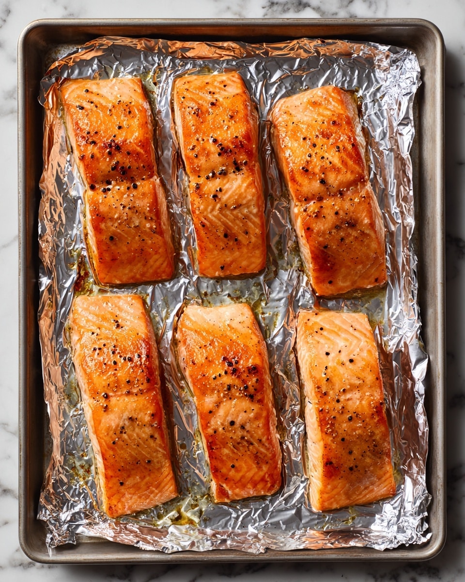 Six cooked salmon fillets are evenly placed in two rows on a baking tray lined with crinkled aluminum foil. Each fillet has a golden orange color with a slightly crispy, browned surface and small black pepper specks on top. The fillets vary slightly in size and shape but all show a firm, flaky texture. The shiny, silver foil reflects soft light, with some oil stains near the salmon. The tray sits on a white marbled surface. photo taken with an iphone --ar 4:5 --v 7