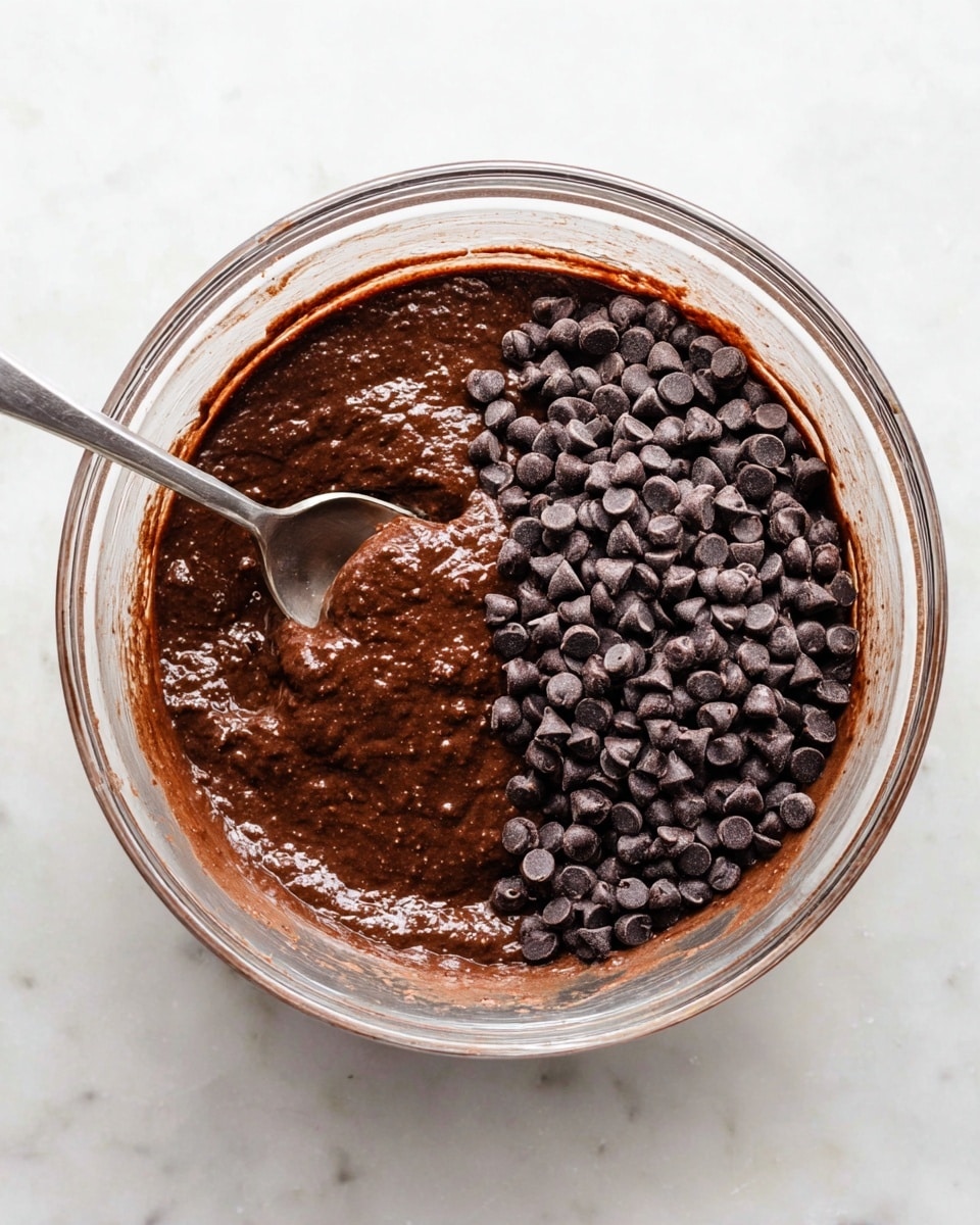 A clear glass bowl sits on a white marbled surface, filled with thick, dark brown chocolate batter that has a slightly chunky texture. On the right side of the bowl, a large pile of small, dark chocolate chips rests on top of the batter, contrasting with the shiny, smooth brown mix. A metal spoon is partially immersed into the batter on the left side of the bowl, showing the dense texture as it scoops the mixture. The batter edges inside the bowl have some smears, highlighting the gooey consistency. photo taken with an iphone --ar 4:5 --v 7