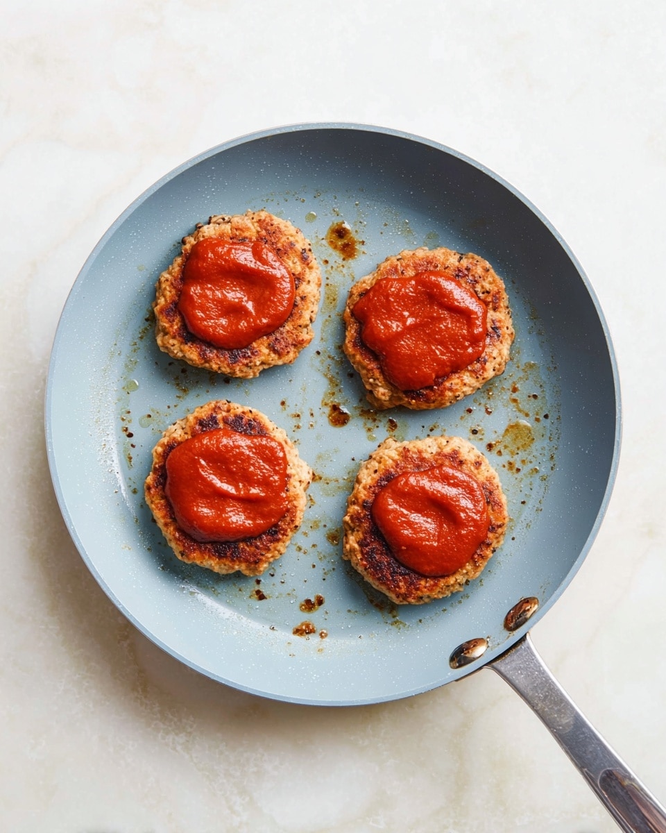 A light blue frying pan with four small round patties inside it sits on a white marbled surface. Each patty has a textured light beige base with a slightly browned crust and is topped with a smooth, rich red sauce. The patties are evenly spaced in the pan, and small droplets of oil or sauce can be seen around them. The pan handle extends out from the bottom right corner of the image. photo taken with an iphone --ar 4:5 --v 7