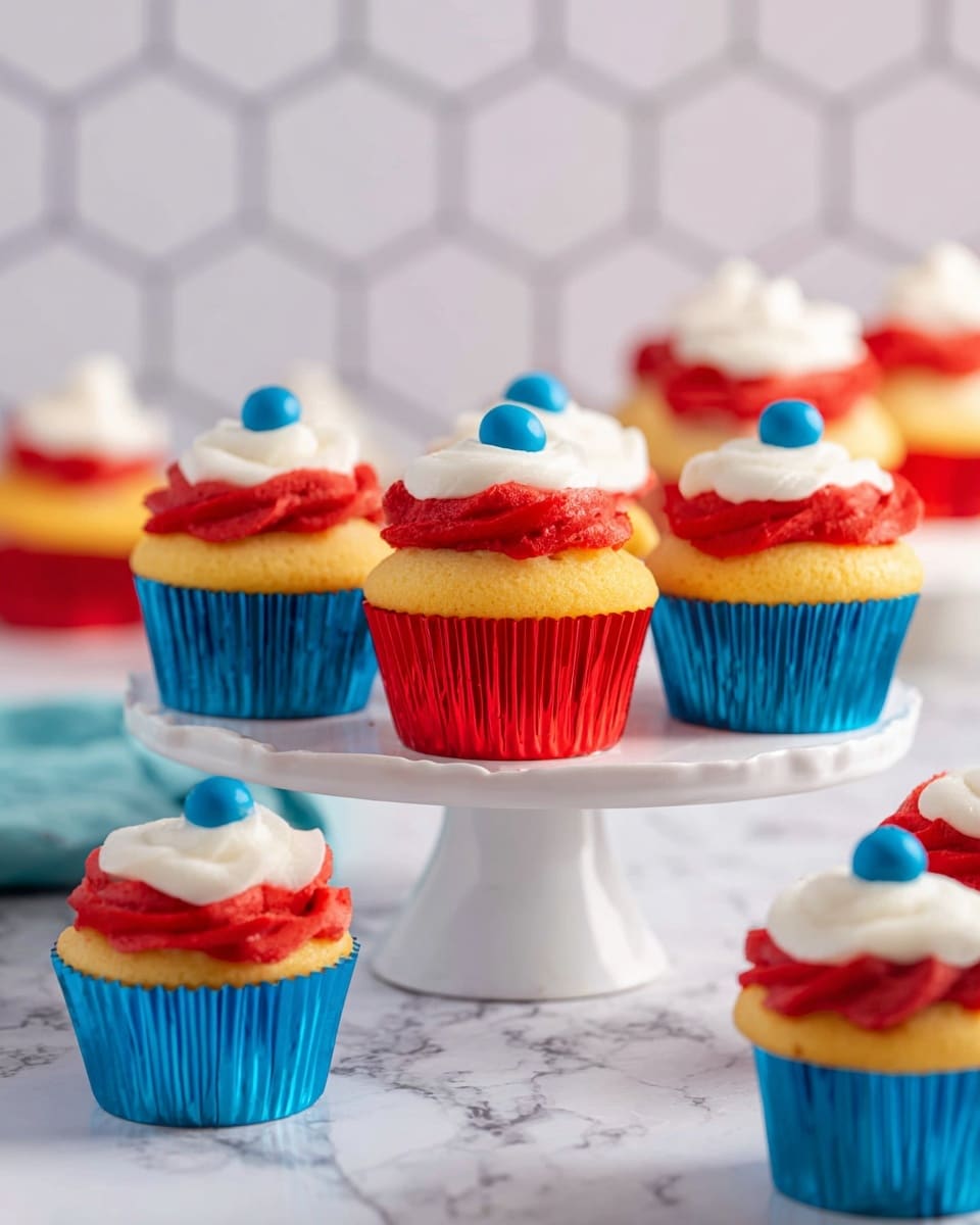 This image shows several cupcakes placed on a white cake stand and some on a white marbled surface. Each cupcake has three layers of decoration: the base cupcake is yellow, topped with a thick layer of red frosting, then a smaller rounded layer of white frosting, and finally a small bright blue dollop on top. The cupcakes are in shiny red and shiny blue wrappers, alternating around the stand and on the surface. The background is softly blurred with a white hexagonal pattern. Photo taken with an iphone --ar 4:5 --v 7