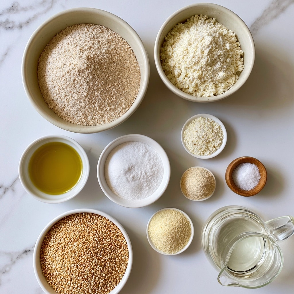 The image shows nine small bowls arranged on a white marbled surface. The largest bowl at the top left contains toasted quinoa flour which is light beige and finely ground, next to it on the right is a bowl with millet flour that is pale off-white and crumbly. Below the toasted quinoa flour is a small white bowl of olive oil, bright golden yellow and shiny, and next to it is a bowl with white potato starch, powdery and smooth. On the right side across from the potato starch are smaller bowls holding xanthan gum (off-white powder), yeast (light beige grainy texture), and fine sea salt in a tiny wooden bowl. Below these is a pale-colored bowl with garlic powder, light yellow and fine, and a glass jug with clear warm water. At the bottom left corner is a white bowl filled with cooked quinoa, small round grains with a pale caramel color. All bowls are placed neatly on the white marbled surface with no utensils shown. Photo taken with an iphone --ar 4:5 --v 7