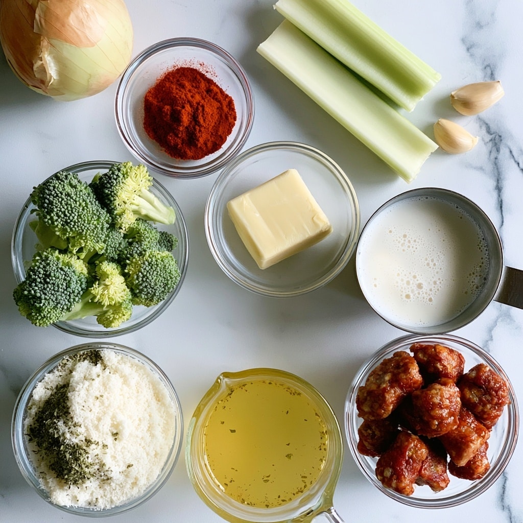 The image shows a top view of various cooking ingredients arranged on a white marbled surface. Starting from the top left, there is a whole onion with light brown and beige skin, next to two pale green celery stalks with a smooth texture on the right. Near the celery, two small light beige garlic cloves sit on the surface. Below the onion is a small clear glass bowl filled with bright red smoked paprika powder. To the left-center, a small clear glass bowl contains fresh green broccoli florets. Next to it towards the center is a small clear glass bowl holding a square piece of creamy pale yellow unsalted butter. Below the butter is a metal measuring cup filled with white heavy cream that shows a few bubbles on the surface. To the bottom left, a small clear glass bowl has a mix of white grated Parmesan cheese and greenish dried oregano. Below this is a clear glass cup filled with chicken broth, golden-yellow in color with specks of herbs scattered throughout. Below the celery and slightly right are chunks of reddish-brown Italian sausage in a clear glass bowl. The whole setup is clean and well-lit, with each ingredient clearly visible. Photo taken with an iphone --ar 4:5 --v 7