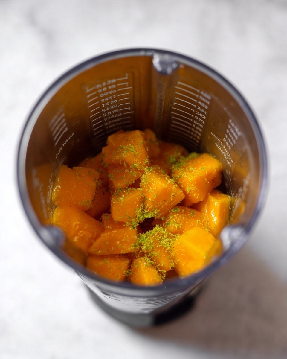 The image shows a metal blender container filled with bright orange chunks of fruit, likely mango, with small green zest sprinkled on top. The fruit pieces look juicy and soft, sitting at the bottom inside the tall silver blender container, which has measurement markings on the inside walls. The container is placed on a white marbled surface. photo taken with an iphone --ar 4:5 --v 7