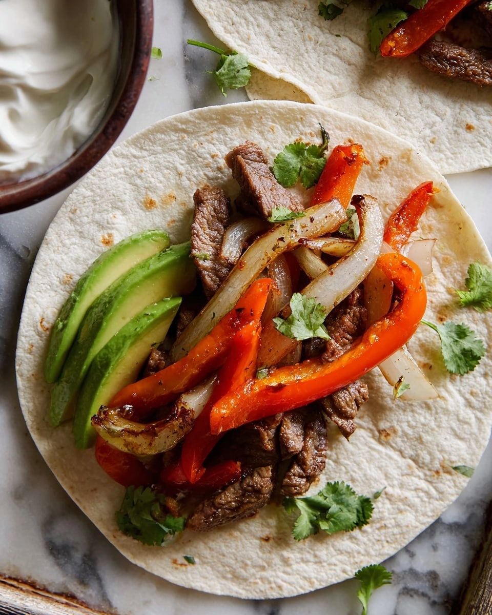 A white tortilla lays flat with layers starting from the bottom with thin strips of cooked brown beef, followed by grilled white onion slices, and then bright red and orange bell pepper strips with a slightly charred texture; a few small green cilantro leaves are sprinkled on top. On the sides of the tortilla, there are fresh green avocado slices with smooth texture. The whole dish rests on a white marbled surface with another similar tortilla and a bowl of smooth white cream visible nearby. photo taken with an iphone --ar 4:5 --v 7