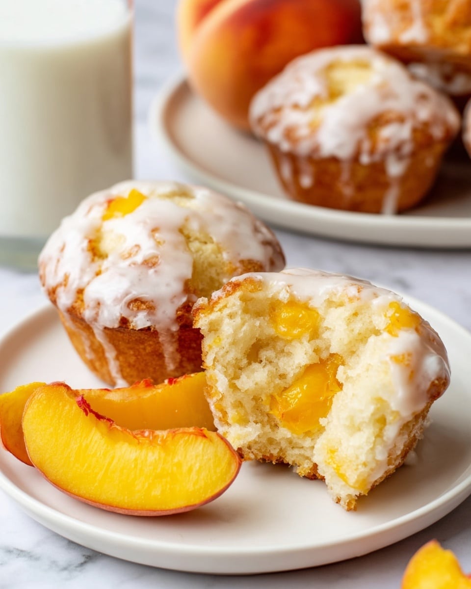 A white plate on a white marbled surface holds several light brown fritters with a smooth, shiny white glaze evenly covering each piece, giving them a slightly wet look. The fritters are round and irregular in shape with a bumpy textured surface showing small darker spots where the fruit or nuts are inside. Around the plate, there are thick, bright yellow peach slices with red-orange edges, and two peach halves are placed behind the fritters, showing their deep orange flesh and red centers. photo taken with an iphone --ar 4:5 --v 7