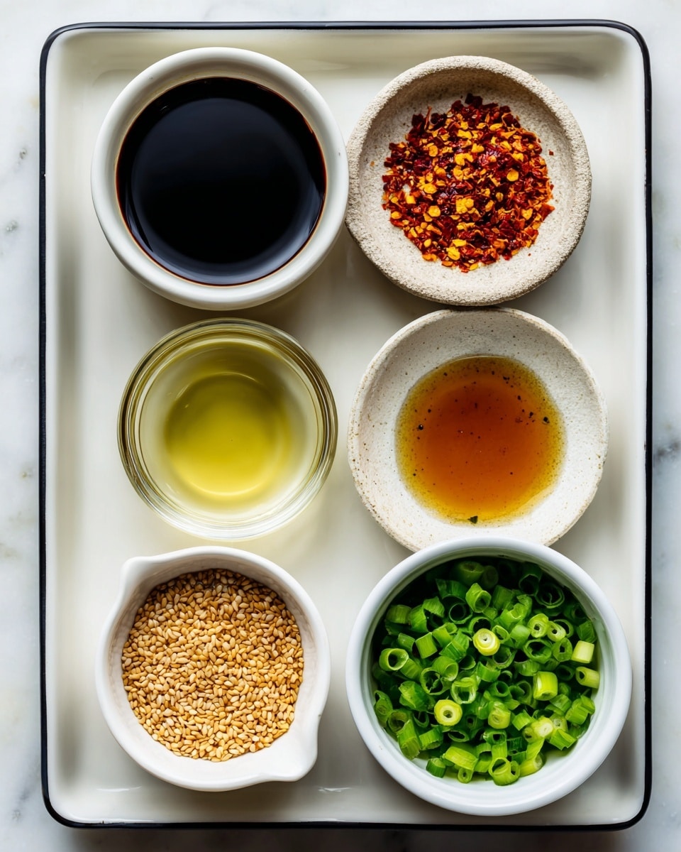 A white tray holds five small white bowls arranged in a grid on a white marbled surface. The top left bowl contains dark shiny soy sauce with a smooth liquid texture. To its right, a small bowl has crushed red pepper flakes in shades of red and orange with some yellow seeds scattered on a rough white ceramic base. Below the soy sauce is a clear bowl filled with light yellowish rice vinegar, smooth and transparent. Next to it on the right, a bowl is packed with chopped vivid green onions, vibrant and fresh with ring shapes. The bottom left bowl is filled with light brown toasted sesame seeds with a dry and textured look. The bottom right bowl values a golden amber liquid of sesame oil, glossy and reflective. The rectangular white tray has a thin black rim. photo taken with an iphone --ar 4:5 --v 7