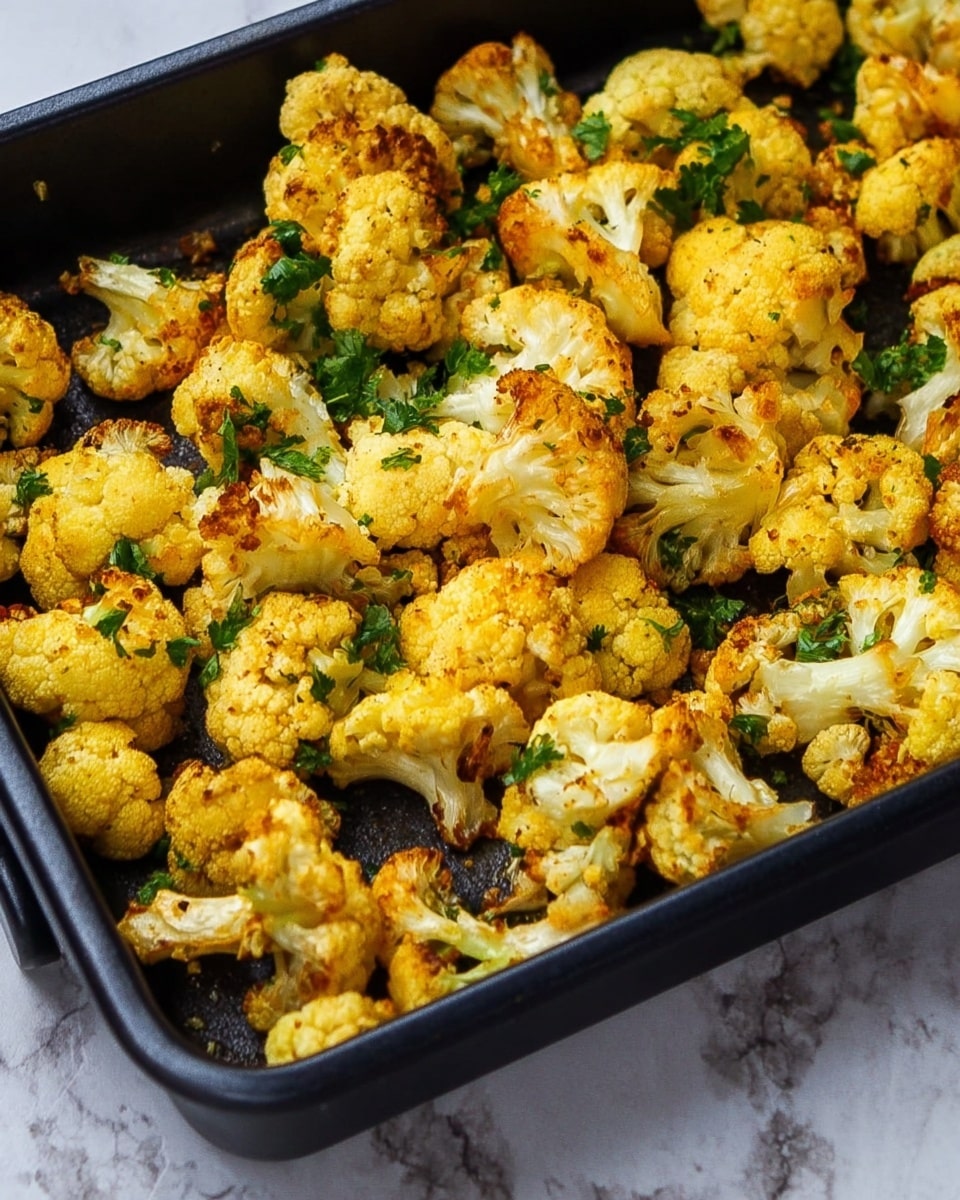 The image shows a black tray filled with cooked cauliflower florets that have a golden yellow color with some toast brown spots. The florets are uneven in size and are mixed with chopped green herbs, adding a fresh touch on top. The tray is placed on a soft gray cloth, and a small container with a golden spoon holding orange powder is seen in the background. The surface beneath the tray is a white marbled texture. photo taken with an iphone --ar 4:5 --v 7