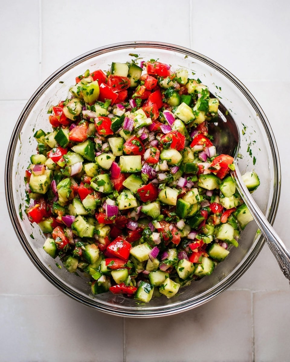 A clear glass bowl filled with a colorful chopped salad placed on a white marbled surface. The salad has three main layers mixed together: small green cucumber pieces with a fresh, slightly shiny texture; bright red tomato chunks scattered evenly throughout; and small bits of purple-red onion adding contrast. Finely chopped green herbs are sprinkled all over the salad, giving it a fresh look. A silver spoon is partially inside the bowl on the right side, resting on top of the salad. photo taken with an iphone --ar 4:5 --v 7