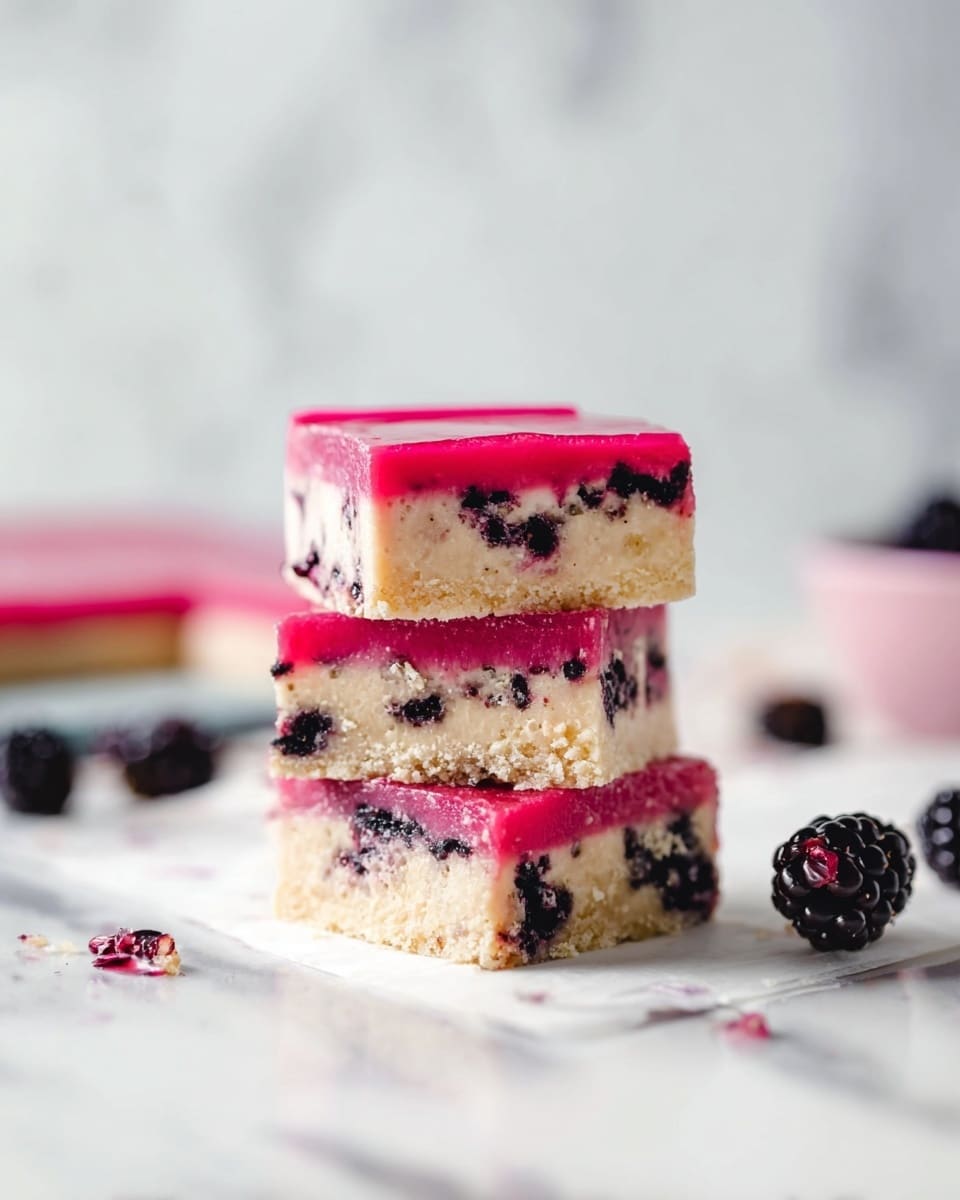 The image shows a stack of three square dessert bars placed vertically on a white marbled surface. Each bar has two main layers: a bottom thick, light beige layer with visible dark berry pieces mixed inside, and a thin, smooth, bright pink layer on top. The bars have a slightly crumbly texture in the bottom layer, while the top layer looks glossy and jelly-like. Around the bars are scattered whole dark berries, adding contrast in texture and color. In the background, the image is softly blurred with a white marbled texture visible. Photo taken with an iphone --ar 4:5 --v 7