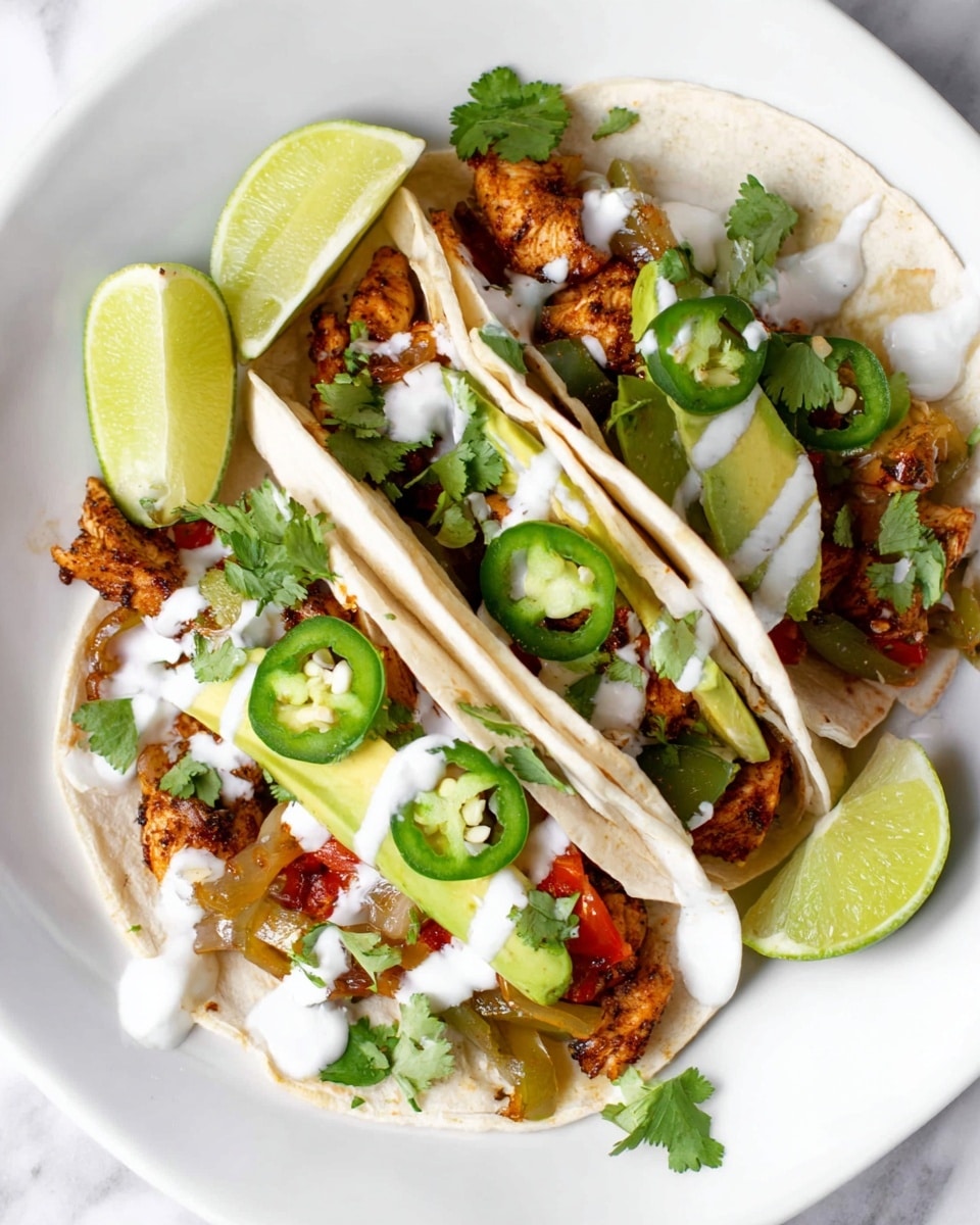 Three soft white tortillas are arranged side by side on a white plate with a white marbled background. Each tortilla holds layers starting with pieces of cooked brown seasoned chicken mixed with sautéed red and green bell peppers and onions at the bottom. On top, there are slices of light green avocado, bright green jalapeño slices, and fresh cilantro leaves scattered throughout. White creamy sauce is drizzled over the top of all the tacos. Lime wedges sit on the plate around the tacos for added color. Photo taken with an iphone --ar 4:5 --v 7