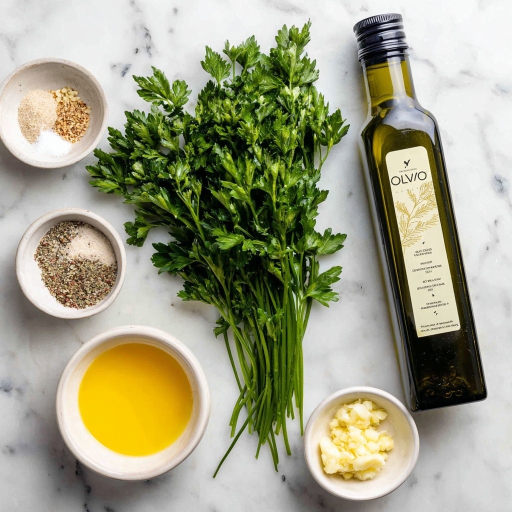 A bunch of flat parsley with dark green leaves and stems lies in the center on a white marbled surface. Above it to the right, a green bottle of olive oil stands upright with a cream and gold label. To the left of the parsley is a small white bowl filled halfway with a mix of salt and pepper, showing beige and brown granules. Below the parsley on the left, a small white bowl holds bright yellow lemon juice with zest floating on top. On the bottom right near the parsley, a small white bowl contains minced garlic with a soft pale yellow color. The items are spread out neatly on the surface with labels identifying each ingredient. Photo taken with an iphone --ar 4:5 --v 7