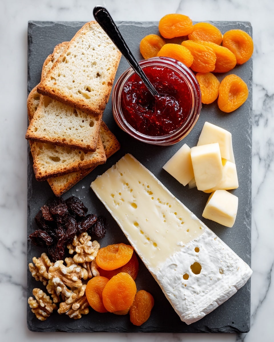 A dark gray rectangular board holds an arrangement of snack items set on a white marbled surface. In the center, there is a jar of bright red chunky jam with a black spoon inside. Around the jar, clockwise from the top right, there are four irregular light orange seed crackers, a wedge of pale yellow cheese with a white rind, and a small pile of dark brown walnuts. Below the walnuts is a large rectangular piece of off-white cheese with small holes and a slightly rough texture. On the bottom left, several toasted white bread slices with a golden-brown crust and holes are stacked unevenly. Above the bread, a cluster of bright orange dried apricots contrasts with a few beige slices of firm cheese with light gray mold spots near the top left of the board. photo taken with an iphone --ar 4:5 --v 7