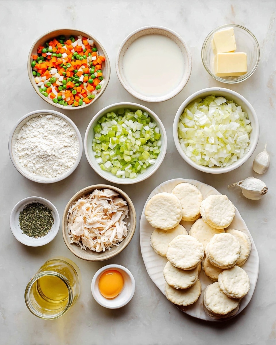 The image shows a white marbled surface with small white bowls and a white plate arranged neatly. The white plate on the right holds eight biscuit rounds, light cream in color with a soft texture. Around it, the bowls contain various ingredients: bright orange and green frozen mixed vegetables in one bowl, finely chopped white onions in another, small diced celery pieces in another bowl, and small minced garlic in a smaller bowl. There is shredded cooked chicken in a bowl, light beige and fibrous in texture. Other bowls include a white powdery flour, a yellow cube of butter, a raw egg with a bright yellow yolk, and some green dried herbs. There is also a small glass jar with a light yellow liquid and a mini jar of white milk. photo taken with an iphone --ar 4:5 --v 7