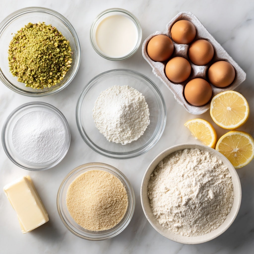 The image shows a flat lay of baking ingredients on a white marbled surface. On the top right, a white egg tray holds five brown eggs arranged in two rows. To the left, a clear glass bowl is filled with ground pistachios, showing a golden green texture. Below it is a small clear bowl with white baking powder and another larger clear bowl filled with fine white sugar. To the right, a small clear glass holds light milk, and beside it, another small bowl holds clear rose water. There is a large clear bowl filled with light tan almond flour near the bottom right, next to two lemon halves showing a bright yellow color and juicy texture. Below the sugar bowl, there is a large bowl with powdered sugar that looks fluffy and white. At the bottom left, a stick of butter wrapped in a beige paper wrapper is placed horizontally. A small clear bowl at the bottom left contains almond extract with a transparent liquid. The overall arrangement is neat and evenly spaced. Photo taken with an iphone --ar 4:5 --v 7
