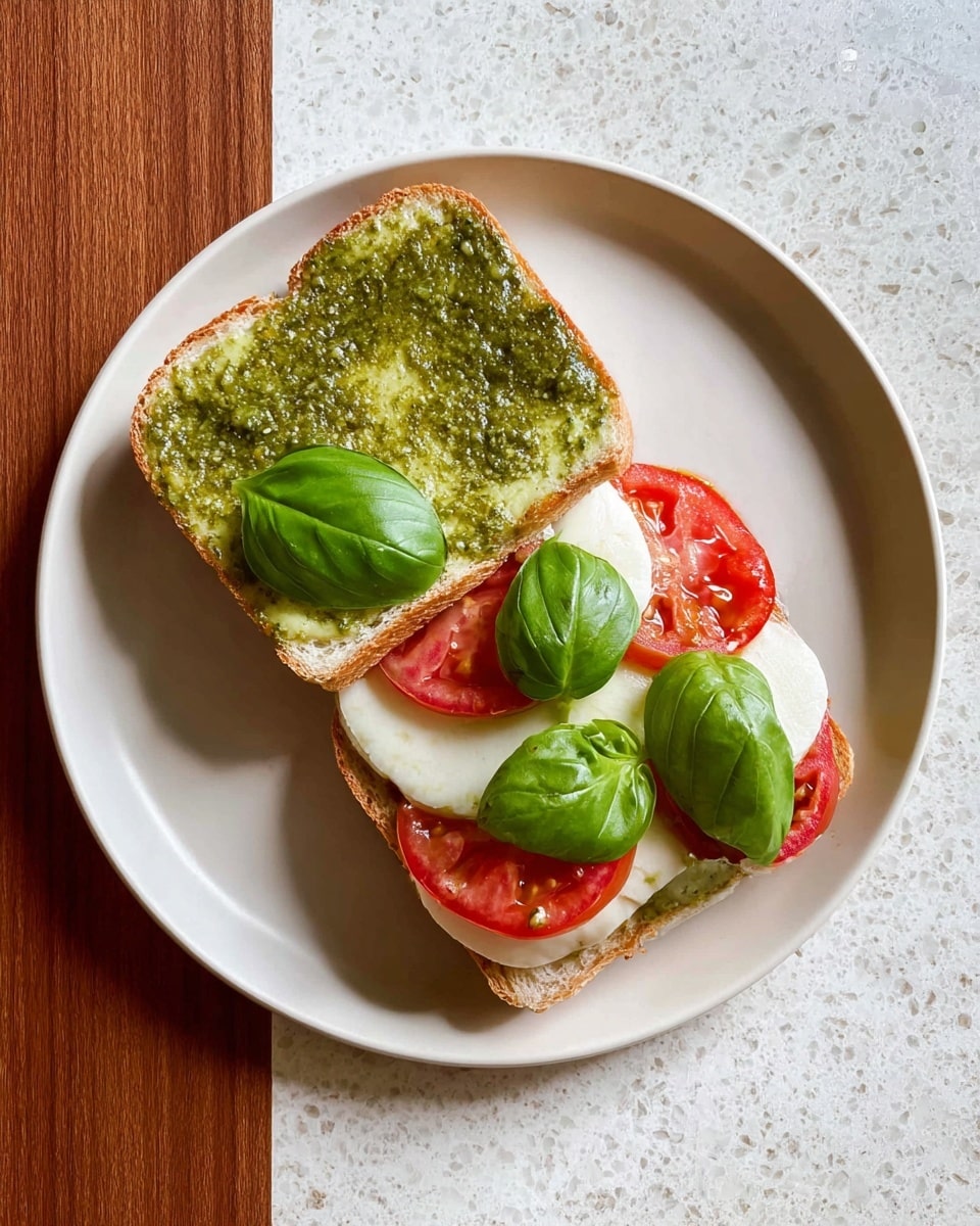 A white plate sits on a white marbled textured surface, holding an open sandwich with two thick slices of square bread. The top slice has a thick, uneven spread of green pesto. The bottom slice has a layer of tomato slices in bright red, topped with slices of white mozzarella, and finished with large, fresh green basil leaves resting on top. The sandwich pieces are arranged side by side, showing all layers clearly. Photo taken with an iphone --ar 4:5 --v 7