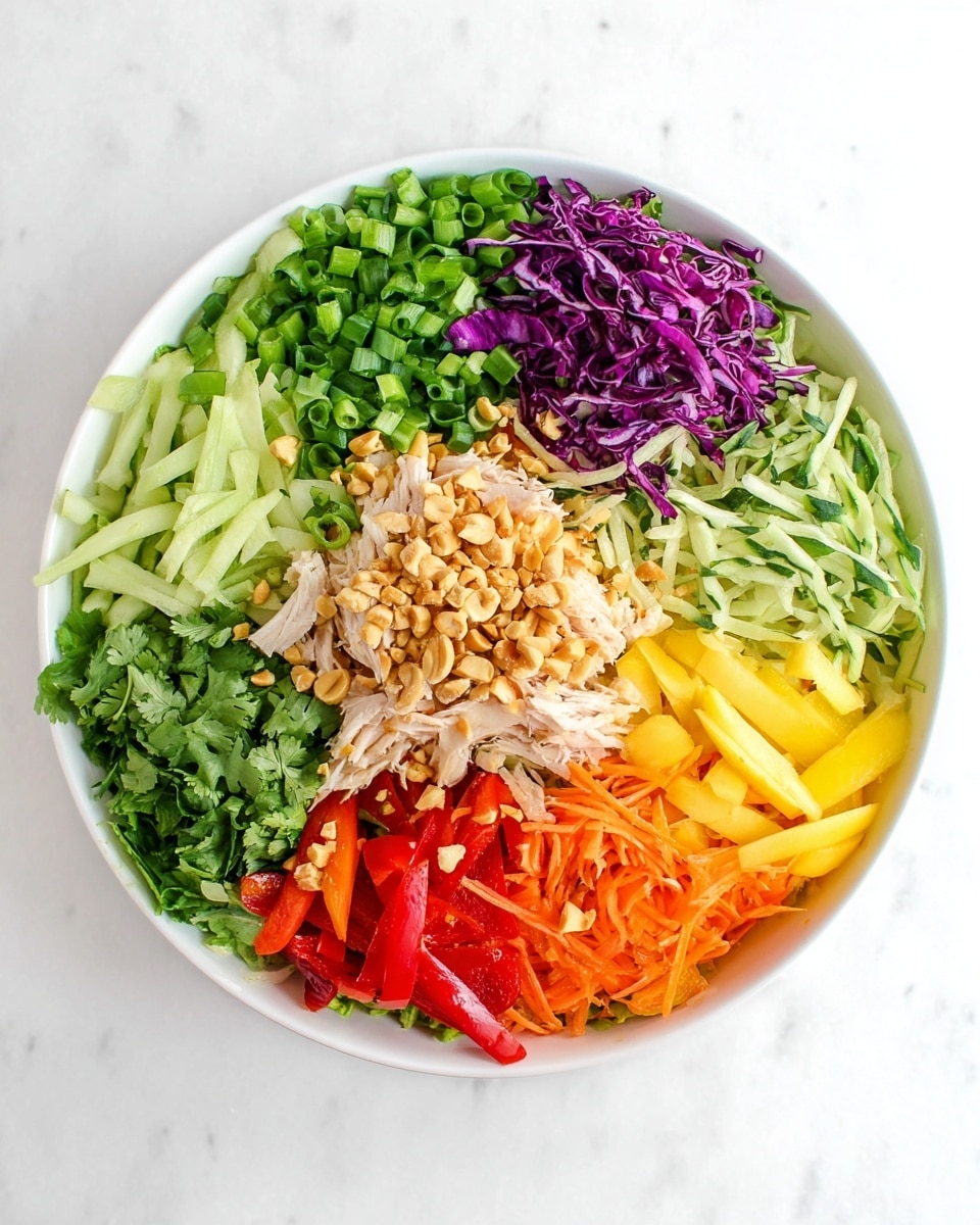 A white round bowl filled with a colorful layered salad, seen from above on a white marbled surface. The salad has eight layered sections arranged in a circle: top left with bright green chopped scallions, top middle right with dark purple shredded cabbage, right side with small green cucumber pieces, bottom right with yellow sliced mango strips, bottom middle right with green cilantro leaves, bottom middle left with shredded orange carrots, left side with green snap peas, and top middle left with thin red bell pepper slices. In the center sits a mound of shredded light beige chicken topped with crunchy brown peanuts. The vegetables and chicken all look fresh and crisp. photo taken with an iphone --ar 4:5 --v 7