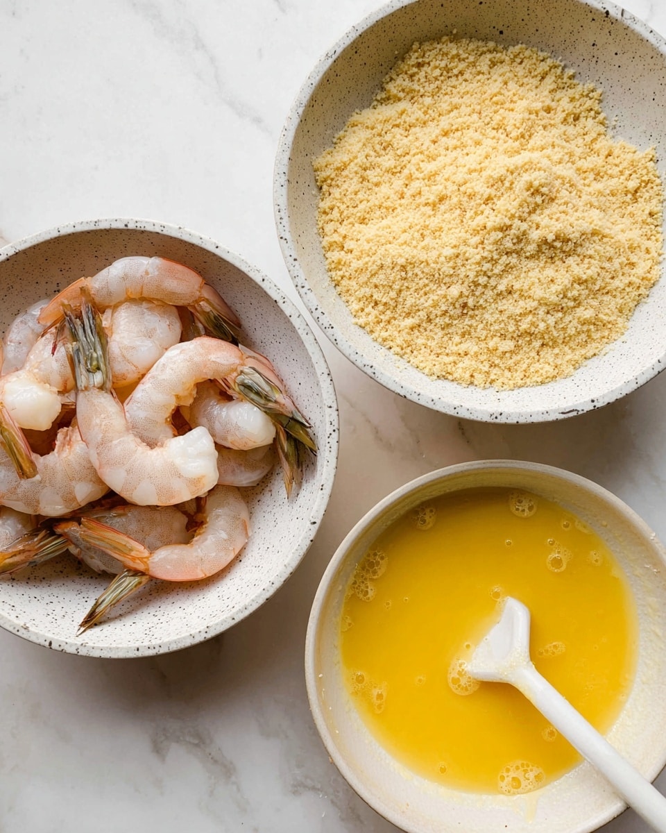 Three bowls sit on a white marbled surface. The top right bowl contains a light tan crumbly texture, likely breadcrumbs, with uneven speckles throughout. The bottom right bowl is filled with a bright yellow liquid, possibly beaten eggs, with some bubbles on the surface and a white spatula resting inside. The left bowl holds multiple raw shrimp with a light pink and white color, and some shrimp tails showing a greenish-brown tint. All bowls are white with a speckled gray pattern on their edges. photo taken with an iphone --ar 4:5 --v 7
