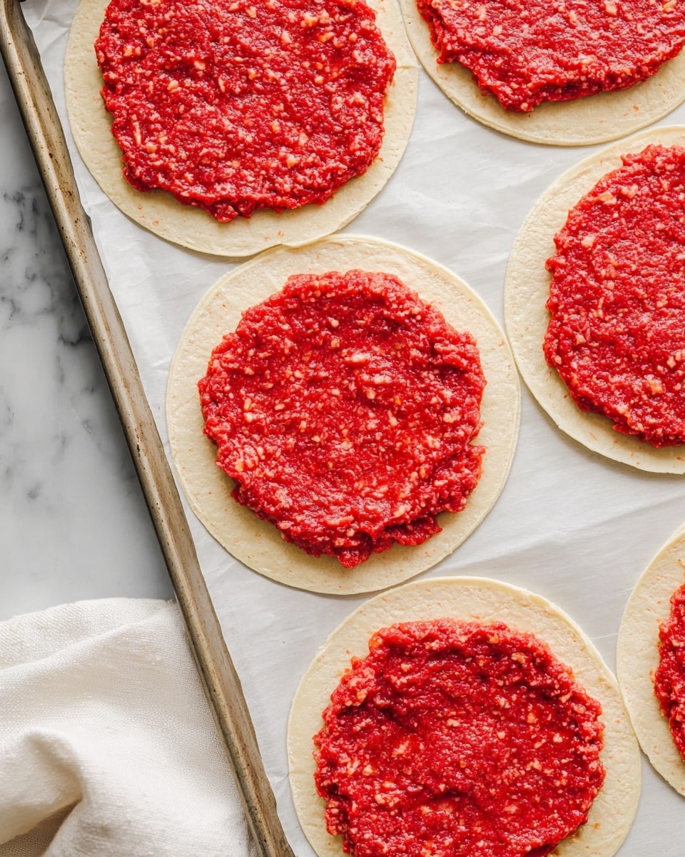 The image shows several round flour tortillas placed on a baking sheet lined with white parchment paper on a white marbled surface. Each tortilla has one layer of bright red ground meat spread evenly in a circular shape covering most of the tortilla's surface, leaving a thin border of tortilla visible around the edges. The texture of the meat looks soft and raw, with small white fat pieces mixed in. A woman's white cotton cloth is partially visible at the lower left corner. Photo taken with an iphone --ar 4:5 --v 7