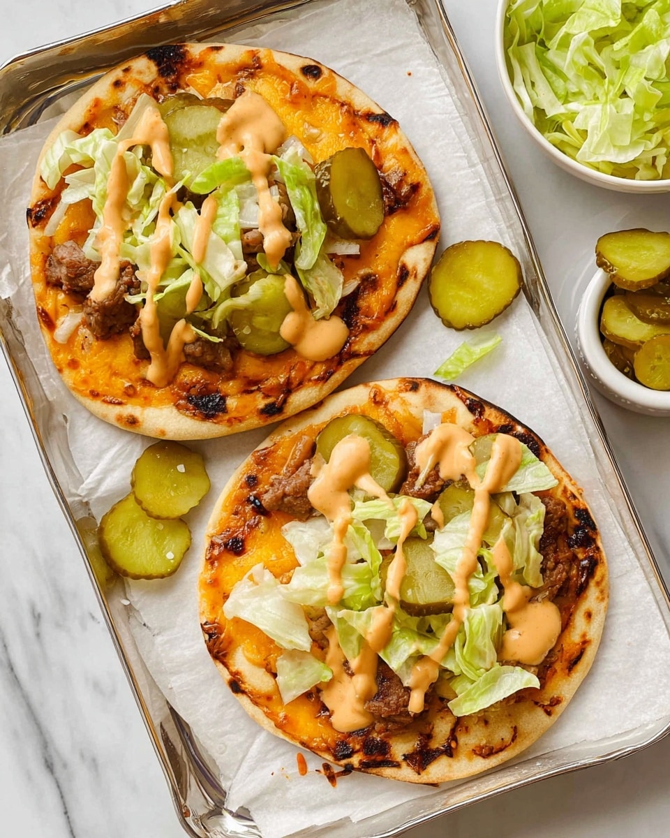 Two small round flatbreads are placed on white parchment paper on a silver tray, resting on a white marbled surface. Each flatbread has a slightly charred, golden brown crust with melted orange cheddar cheese covering the base. On top, there are scattered pieces of cooked brown meat, torn light green lettuce leaves, and round green pickle slices. Smooth light orange sauce is drizzled in uneven stripes over both flatbreads. Around the tray, a few pickle slices and lettuce pieces are scattered with a white bowl filled with more pickles visible to the top right and another white bowl with shredded lettuce at the bottom left. Photo taken with an iphone --ar 4:5 --v 7