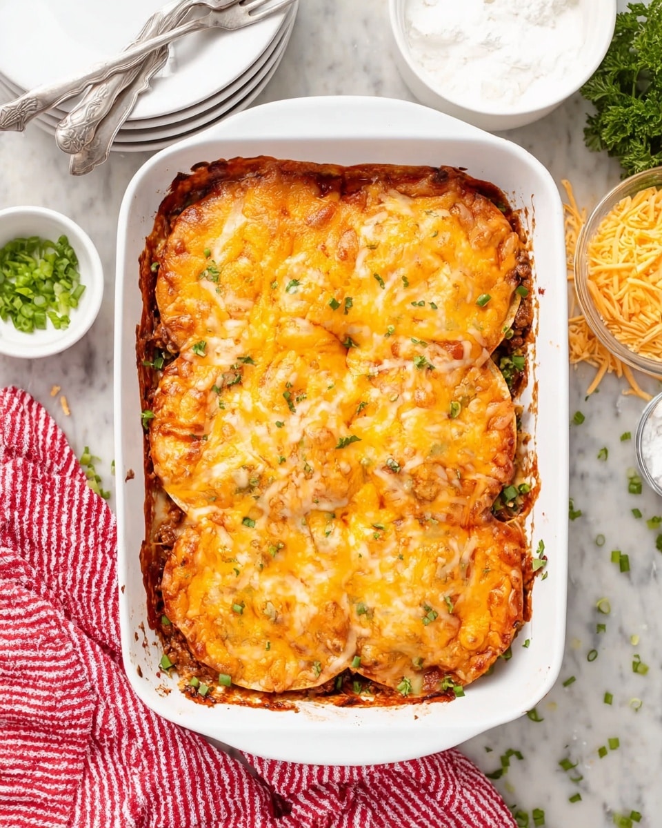 A white rectangular dish holds a layered baked casserole with about three layers visible. The bottom layer has a mix of cooked meat and vegetables, brown and green in color, covered by a layer of round tortilla-like pieces. The top layer shows melted orange and white cheese, bubbling and slightly browned in places, covering the tortillas evenly. The dish sits on a white marbled surface, with scattered parsley, shredded cheese, a small white bowl of chopped green onions, and a small white bowl of white sauce nearby. A stack of four white plates with forks rests at the top left corner, and a red and white striped cloth lies at the bottom left photo taken with an iphone --ar 4:5 --v 7
