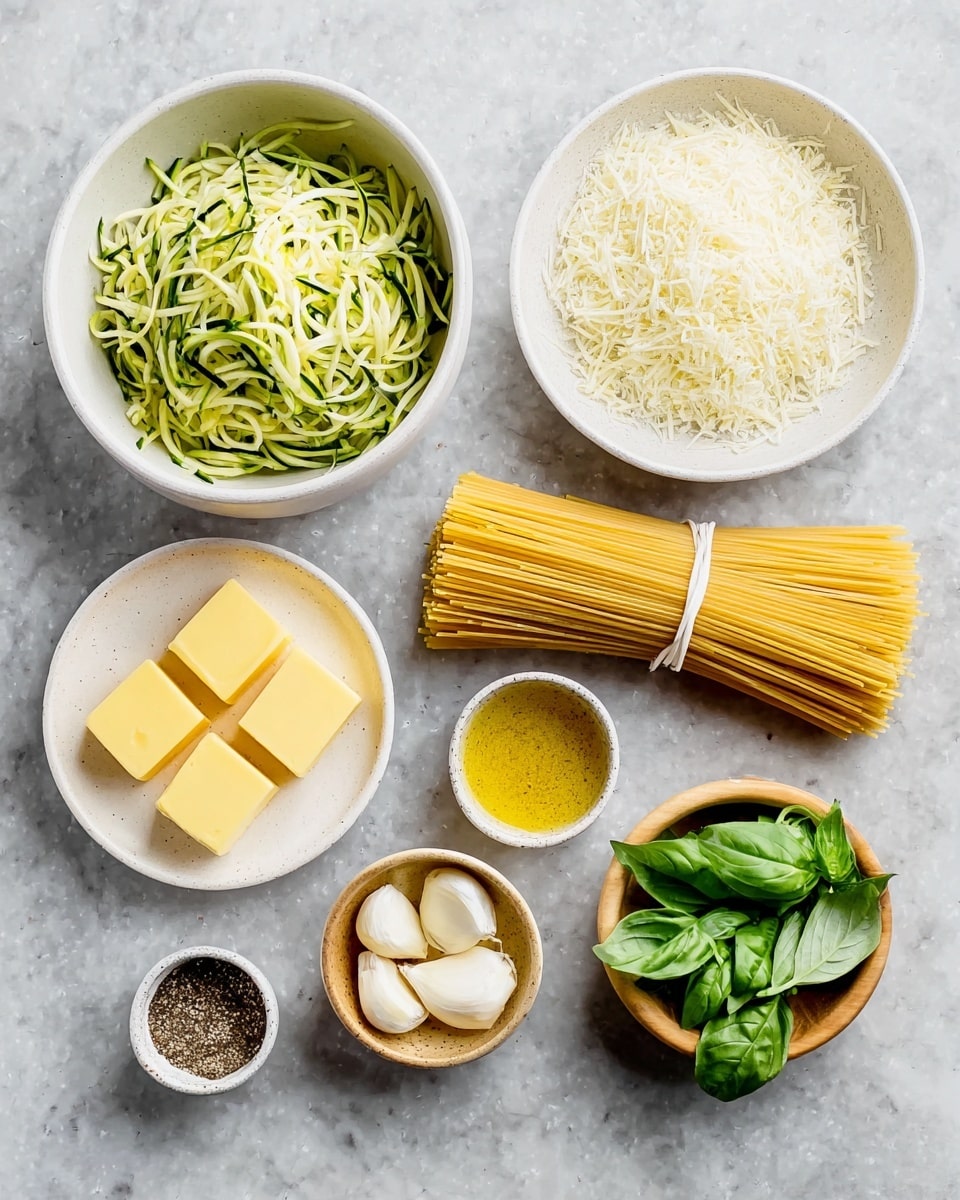 A white bowl filled with shredded green zucchini is on the left and next to it is a white plate with four small yellow butter slabs. Above the butter is a white bowl filled with shredded white cheese. At the center is a bundle of uncooked yellow spaghetti tied with a white band. Surrounding the pasta are small bowls: one with grated yellow zest, one with clear golden oil, one with coarse white salt, one with sliced white garlic, one with crushed black pepper in a light brown bowl, and one with fresh bright green basil leaves in a light wooden bowl. All items sit on a white marbled surface. photo taken with an iphone --ar 4:5 --v 7