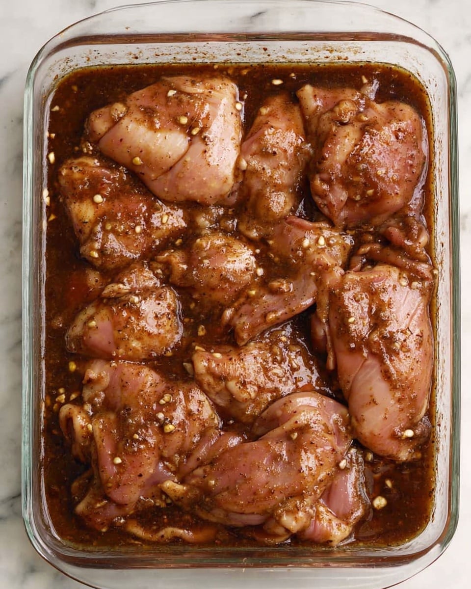 A clear glass rectangular dish filled with raw chicken thighs fully covered in a dark brown marinade with visible bits of black pepper and garlic. The rich marinade coats every piece closely, pooling slightly in some areas while the chicken underneath is smooth and pale pink with some folds and natural curves. The dish is placed on a white marbled surface. photo taken with an iphone --ar 4:5 --v 7