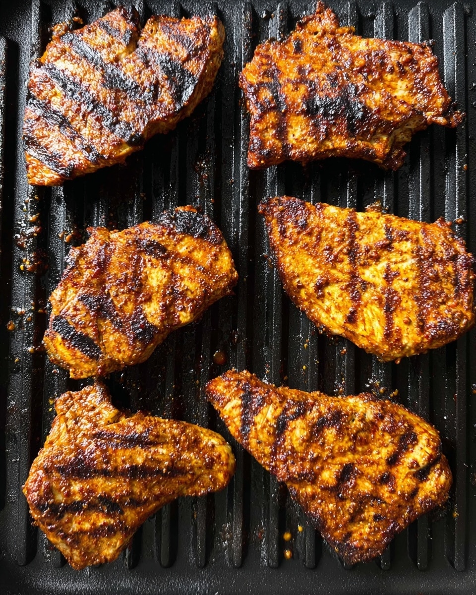 The image shows six pieces of grilled meat arranged on a black grill with parallel lines. The meat pieces are golden brown with dark char marks, indicating they are cooked well with a slightly crispy texture. The three pieces at the top are larger and thinner, while the three at the bottom are smaller and thicker, displaying a rougher surface. The grill’s surface is black with some bits of cooked seasoning or marinade stuck in between the bars, creating a rustic look. The lighting highlights the shiny, juicy texture of the meat, giving a warm and appetizing feel. photo taken with an iphone --ar 4:5 --v 7