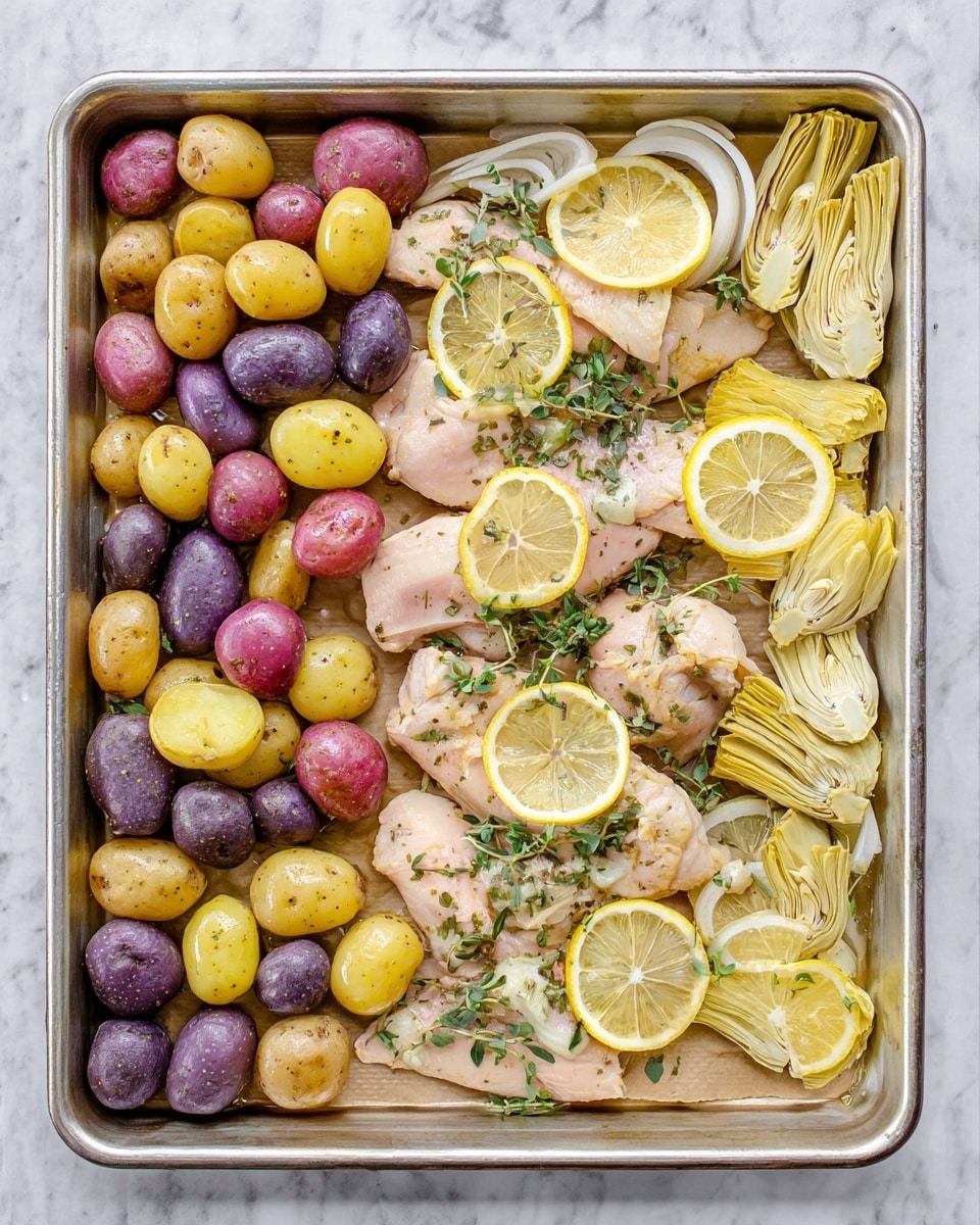A large silver baking tray lined with light brown parchment paper holds a colorful layered meal. On the left side, there is a mix of small round potatoes in three colors: purple, pink, and yellow, some cut in half showing their inside color. These potatoes rest on a thin layer of white onion rings. The center and right side of the tray features pale pink chicken pieces topped with thin, bright yellow lemon slices and garnished with small green herb leaves. Among the chicken pieces, there are pale yellow artichoke hearts and more white onion slices spread over the tray. The whole tray sits on a white marbled surface. photo taken with an iphone --ar 4:5 --v 7