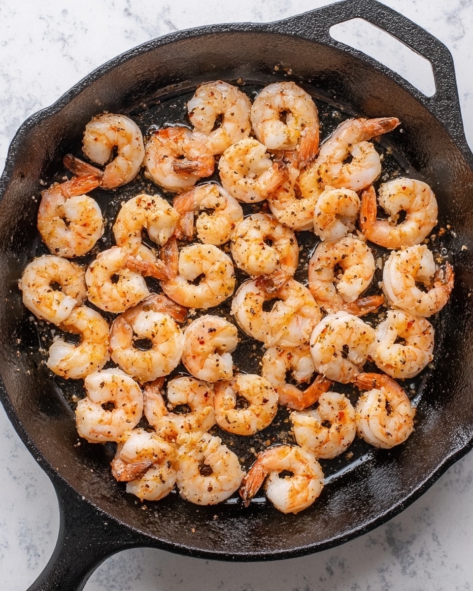 A close-up top view of a black cast iron pan filled with around thirty cooked shrimp evenly spread across the surface. The shrimp are light pink with small darker spots of spices and slight charring, showing a slightly glossy texture from cooking oil. The pan is set on a white marbled surface. There is no other object or hand in the image. photo taken with an iphone --ar 4:5 --v 7