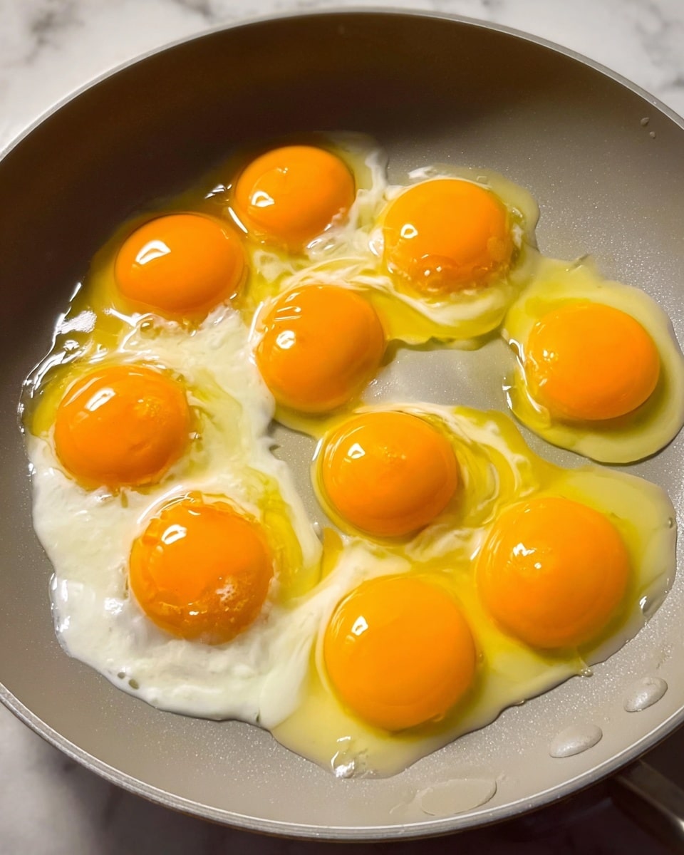 A non-stick pan with a light gray inside holds ten cracked eggs, each showing bright yellow yolks surrounded by translucent white egg whites that spread unevenly, filling the pan’s surface. The yolks are round and shiny, some touching each other while others are slightly apart. The pan sits on a white marbled surface, adding a clean background contrast to the warm colors of the eggs. Photo taken with an iphone --ar 4:5 --v 7