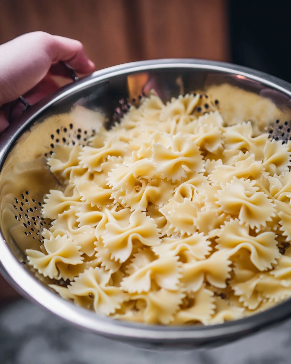 A close-up view of cooked farfalle pasta with a pale yellow color and smooth, slightly shiny texture. The pasta fills a shiny silver colander with small holes, and a woman's hand holds the colander’s handle near the left side of the image. The background is blurred, showing a simple brown tone, with a white marbled texture surface faintly visible near the bottom edge. photo taken with an iphone --ar 4:5 --v 7