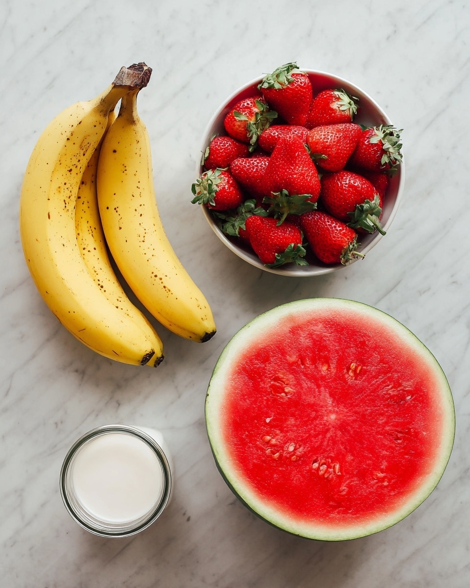 The image shows a bunch of three yellow bananas on the left side with small brown spots, sitting on a white marbled surface. On the right side, there is a round white bowl filled with bright red strawberries with green leaves on top. Below the bananas, there is a small glass jar filled with a creamy white liquid. At the bottom right corner, a large round slice of watermelon shows a vibrant red inside with black seeds and a thin green rind. The whole scene is clean and bright with a clear top-down view photo taken with an iphone --ar 4:5 --v 7