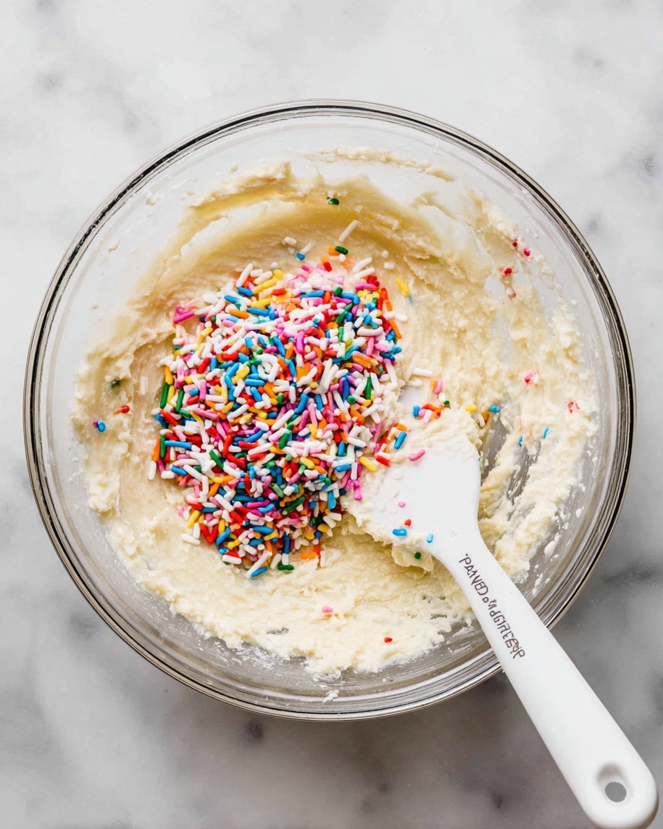A clear glass bowl sits on a white marbled surface filled with creamy, pale yellow batter spread evenly inside. In the center of the batter is a small mound of colorful, small, stick-shaped sprinkles in red, blue, green, yellow, white, pink, orange, and purple. A white silicone spatula with a thick handle labeled
