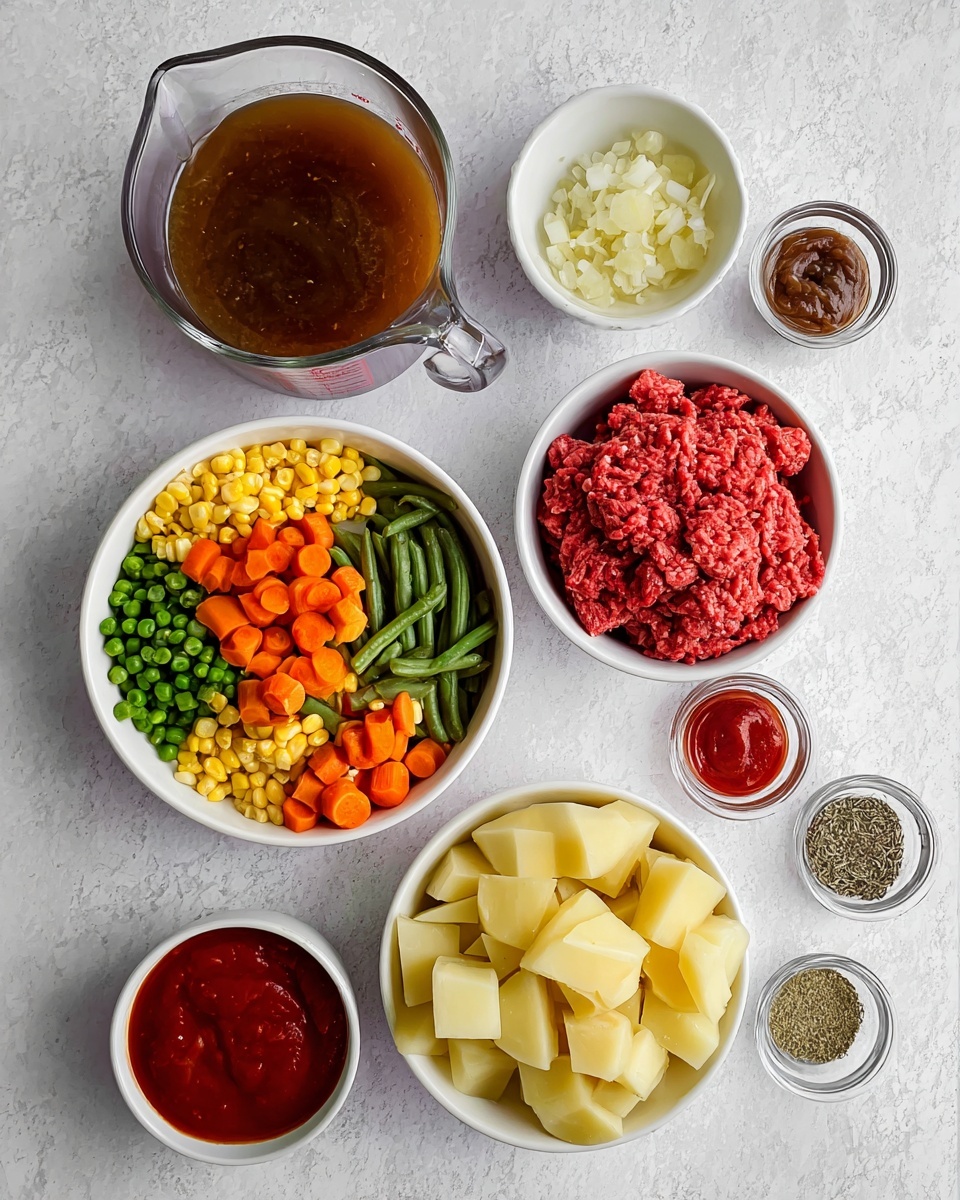The image shows an arrangement of ingredients on a white marbled surface. From the top left, there is a clear glass measuring cup filled with brown liquid, next to it is a small white bowl filled with minced garlic. Below these, a white bowl contains bright red ground meat with textured ridges. To the left, a white bowl is filled with colorful mixed vegetables including green beans, corn, carrots, and peas. In the center bottom, a white bowl holds peeled diced potatoes with brown skin pieces. To the right, small glass bowls contain red tomato paste and dried herbs. The overall setup is neat and organized, with distinct textures and vibrant colors standing out against the white marbled background. photo taken with an iphone --ar 4:5 --v 7
