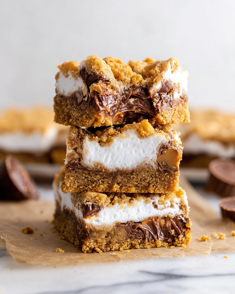 The image shows three stacked dessert squares with three clear layers in each piece: a bottom layer of golden brown crumbly cookie dough, a middle thick layer of white marshmallow filling, and a top golden brown cookie dough layer mixed with melted milk chocolate chunks, giving a soft, gooey texture. The top piece is broken in half, showing the inside gooey chocolate and marshmallow mix. The square stack sits on a white marbled surface with some chocolate peanut butter cups blurred in the background. Photo taken with an iphone --ar 4:5 --v 7