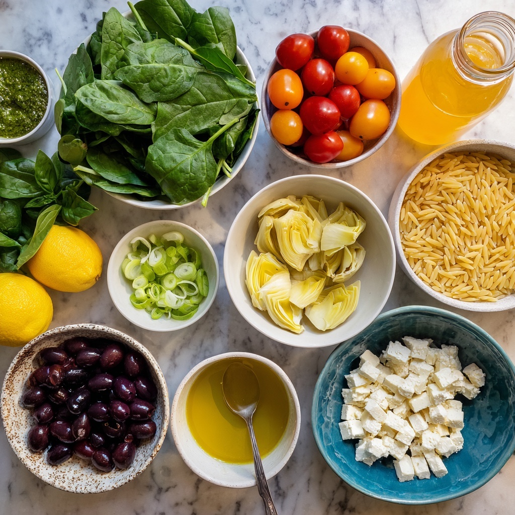 The image shows many fresh ingredients arranged on a white marbled surface. On the left, a bowl filled with bright green spinach leaves sits beside a carton of red and orange cherry tomatoes. In the center, a white bowl holds pale yellow artichoke hearts, and next to it is a small white bowl of sliced green onions. Above these, there is a glass bottle filled with light orange veggie broth and a whole and a sliced lemon. To the right, another white bowl contains uncooked orzo pasta, and below it is a speckled bowl with dark purple olives. On the bottom left, a bowl of bright green basil pesto sits with a spoon inside. Nearby, a white ceramic cup holds olive oil. At the bottom right, a blue-green bowl contains white feta cheese pieces with a crumbly texture, and some fresh green basil leaves lay nearby. photo taken with an iphone --ar 4:5 --v 7