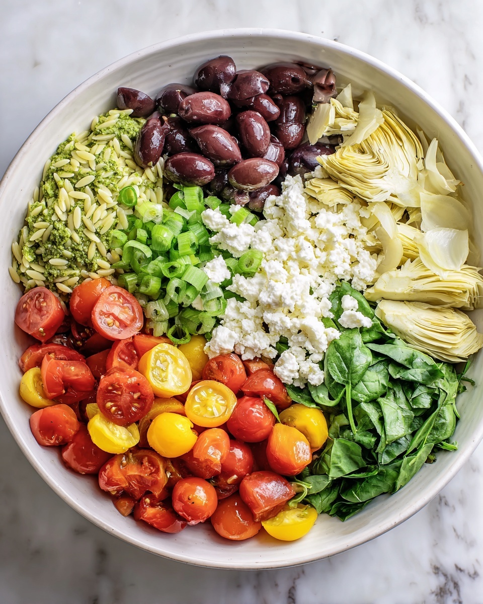 A large white bowl on a white marbled surface holds a layered vegetable and pasta salad. At the bottom left is orzo pasta coated unevenly with a green pesto sauce, next to it is a pile of dark purple kalamata olives, some whole and some halved. Above the olives are bright red and yellow cherry tomatoes cut in halves, next to finely chopped light green spring onions. To the right of the spring onions are quartered pale yellow artichoke hearts. In the center and slightly overlapping the artichokes and olives is a mound of white crumbled cheese. At the bottom right corner, finely chopped fresh dark green spinach is placed. Photo taken with an iphone --ar 4:5 --v 7