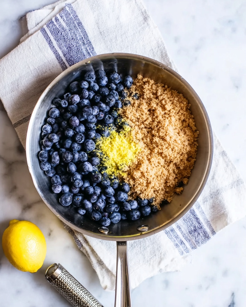A silver metal pan sits on a striped cloth over a white marbled surface; inside the pan, there are three main layers: a base layer of fresh dark blue blueberries on the left, a layer of light brown crumbly sugar clumped on the right, and a small pile of finely grated bright yellow lemon zest near the center overlapping with both blueberries and sugar. Nearby on the white marbled surface, a yellow lemon and a silver lemon zester rest at the bottom left corner. photo taken with an iphone --ar 4:5 --v 7