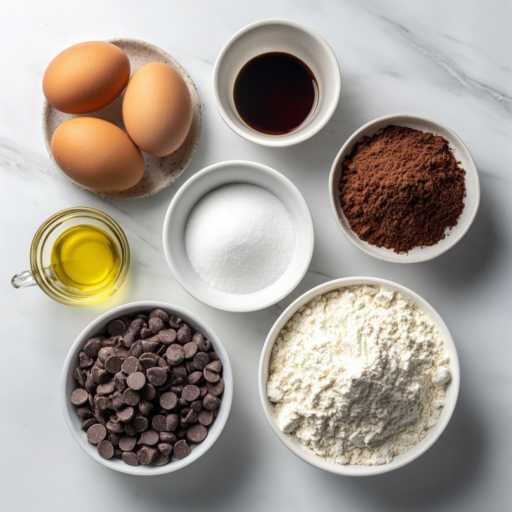 The image shows seven ingredients on a white marbled surface. On the top left, there is a small round dish holding four brown eggs. To its right, there is a small white bowl with dark brown vanilla extract and below it, a tiny white bowl with white salt. Next to the salt, on the right side, a round bowl filled with dark brown cocoa powder. Below the eggs, a small white bowl with many round milk chocolate chips. To the right of the chocolate chips, a small clear glass jug with clear oil. At the bottom left, there is a white bowl filled with white sugar. On the bottom right, another white bowl filled with white flour. All the items are neatly arranged, showcasing the raw ingredients for baking. Photo taken with an iphone --ar 4:5 --v 7
