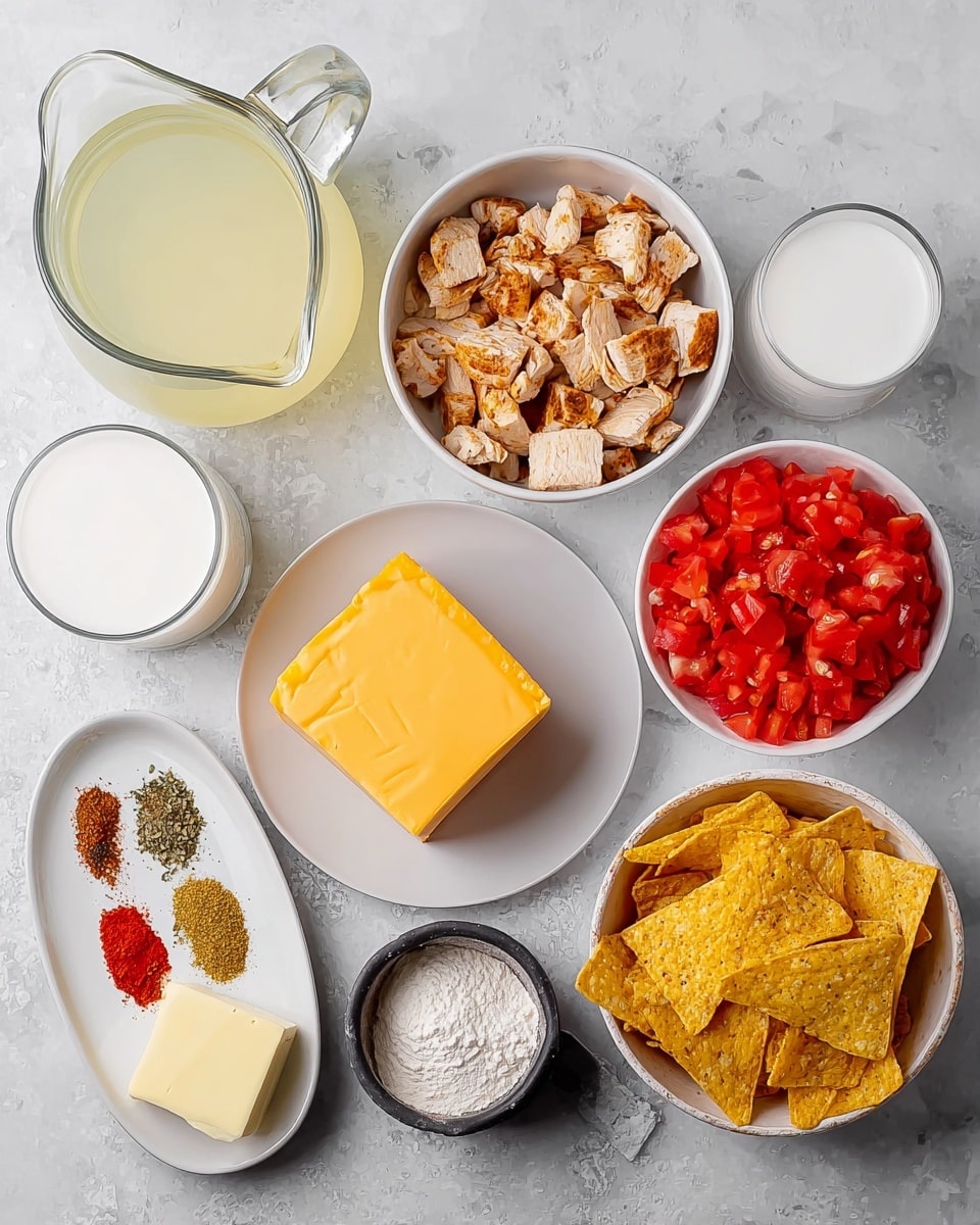 The image shows several ingredients for cooking arranged neatly on a white marbled surface. Starting from the top, there is a transparent glass pitcher filled with a pale yellow liquid, next to a white bowl holding chopped cooked chicken pieces with a light brown grilled texture. Below, a round white plate holds a large block of bright yellow cheese with a smooth surface. To the right, a white bowl contains vibrant red diced tomatoes in juice, and next to it, another white bowl is filled with long, flat yellow corn chips with some seasoning visible. At the bottom, a small black dish has a stick of pale yellow butter, beside a metal measuring cup filled with white flour. To the leftmost side is a small, white oval plate with various dry spices in red, brown, and green shades, arranged in separate sections. A clear glass cup of white milk is placed behind the tomato bowl. photo taken with an iphone --ar 4:5 --v 7