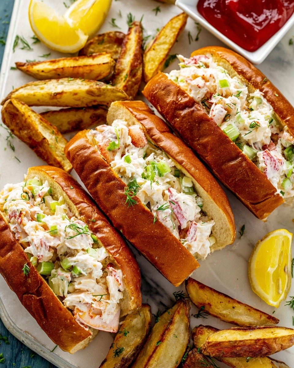 Three lobster rolls are shown side by side on a white marbled surface. Each roll has a soft, brown toasted bun sliced open in the middle, filled with a chunky white lobster salad mixed with small green herbs and bits of celery. The lobster salad fills the bun generously with some pieces peeking over the edge. Around the rolls, there are golden-brown potato wedges scattered, crispy on the outside. Lemon wedges are placed near the rolls adding a pop of bright yellow. A white square bowl with red ketchup is visible on the right side. The photo taken with an iphone --ar 4:5 --v 7